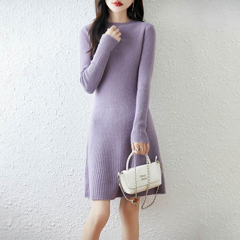 Women Sweater Dress 100% Wool TIDENOVEL O-neck Knit Long Pullover Winter Jumpers Wool Long Dress Female
