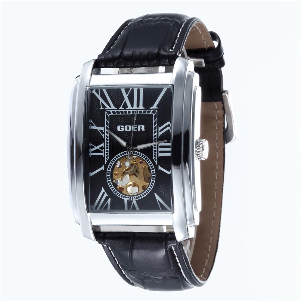 

GOER Top Brand Luxury Skeleton Watches Men Leather Band Rectangle Automatic Mechanical Wristwatches For Men Relogio Masculino