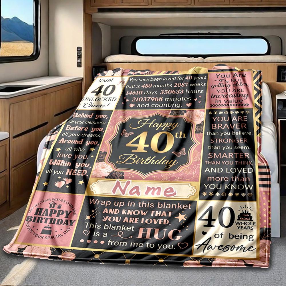 Happy 40Th Birthday Celebration Blanket Personalized Name Soft Comfortable Stylish Blanket Car Blanket Perfect For Travel Camping Outdoor Home