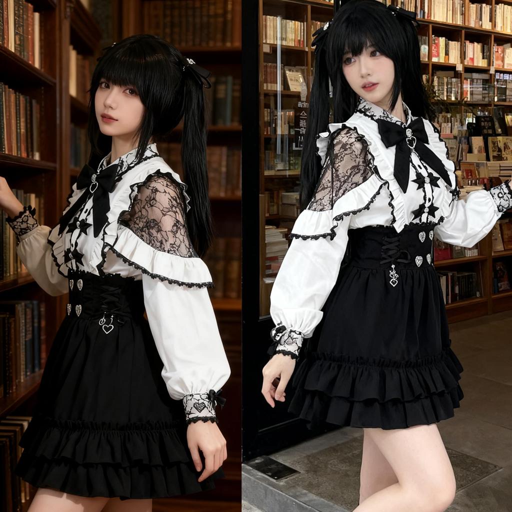 Gotisches Lolita-Kleid für Damen mit und Dark Mori Harajuku Gothic Süße Prinzessin Größe S [Sivrusn] Brosche, Rüschen, Spitze, Band, Massenproduktionsstil,