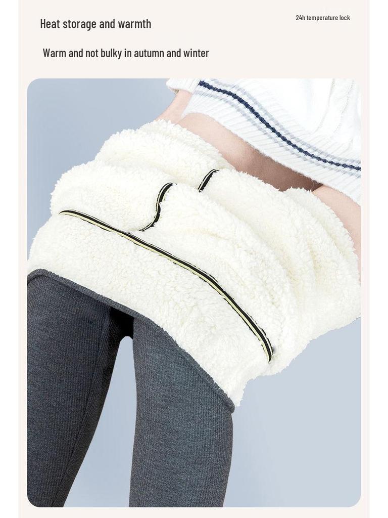 Women's High Waist Fleece-Lined Ribbed Leggings - Warm, Comfortable, Cotton, for Autumn and Winter Wear, Nine-Point Length.