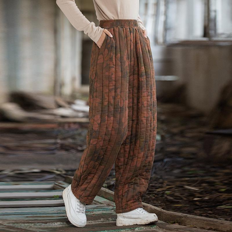 

Johnature Женские прямые брюки с винтажным принтом и цветочным принтом, эластичные брюки на талии, зимние теплые длинные брюки из хлопка One Size зелёный