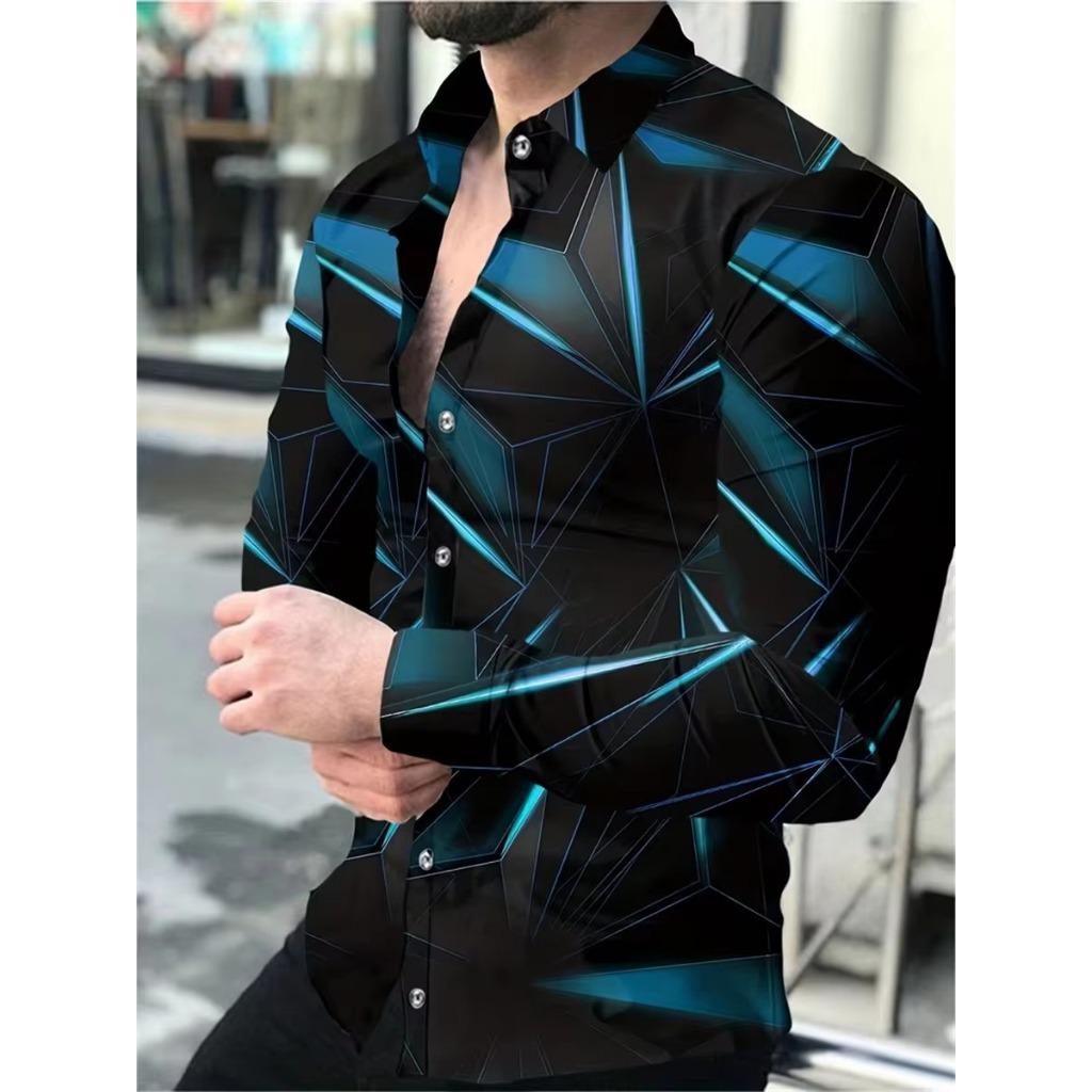 Men Clothes Fashion Long Sleeve 3D Digital Print Shirt