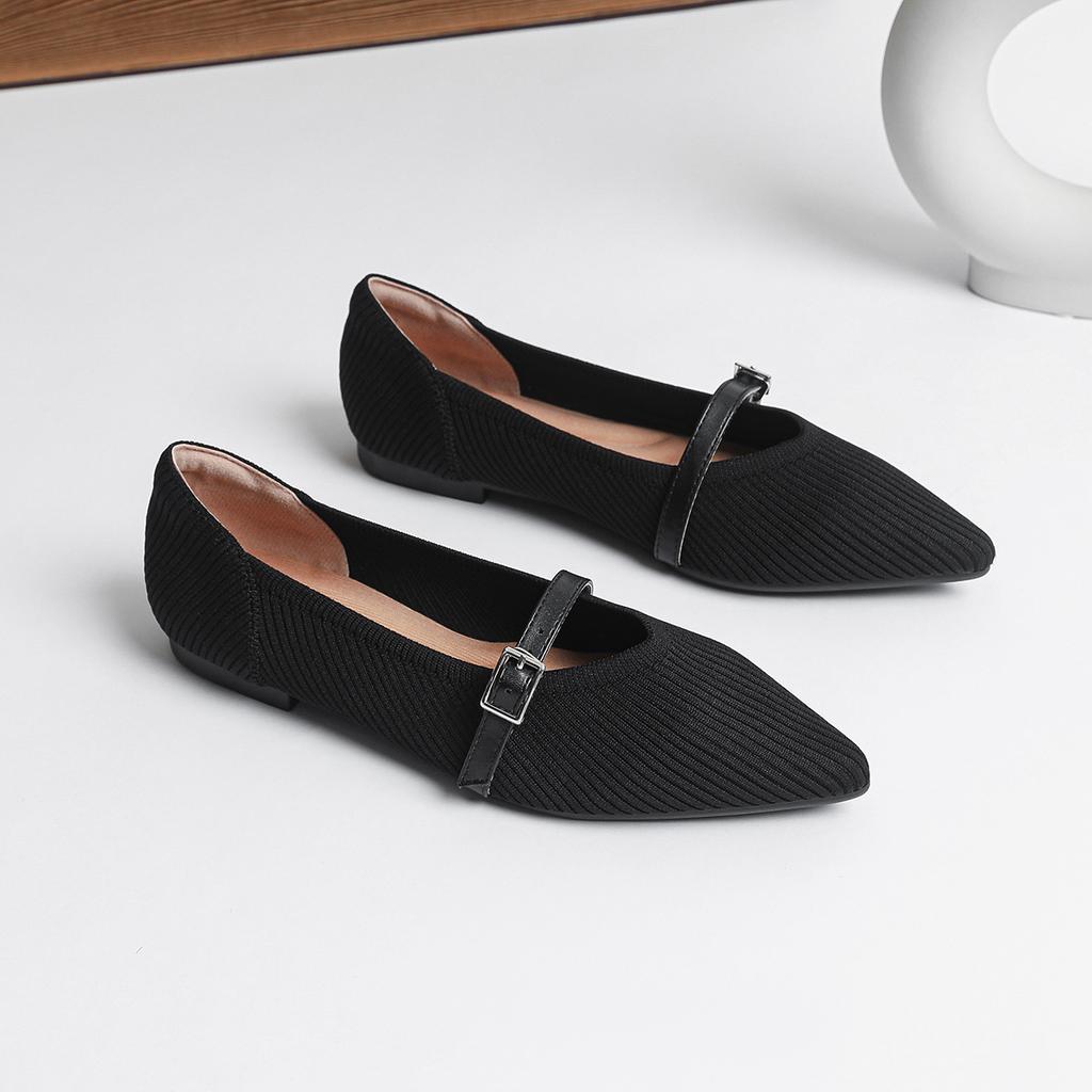 Women Mary Jane Shoes Pointed Toe 2026 Spring Shallow Cross Strap Women Dress Shoes Breathable Knitted Mid-heel Shoes Ladies