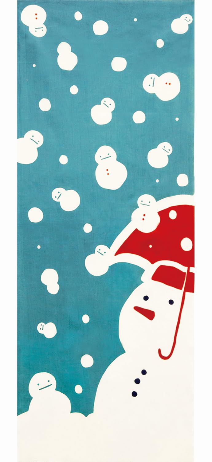 

Prairie Dog Dyed Tenugui Hand Towel with Winter Pattern and Snowman Falling from the Sky by Wabunka [TE-511]