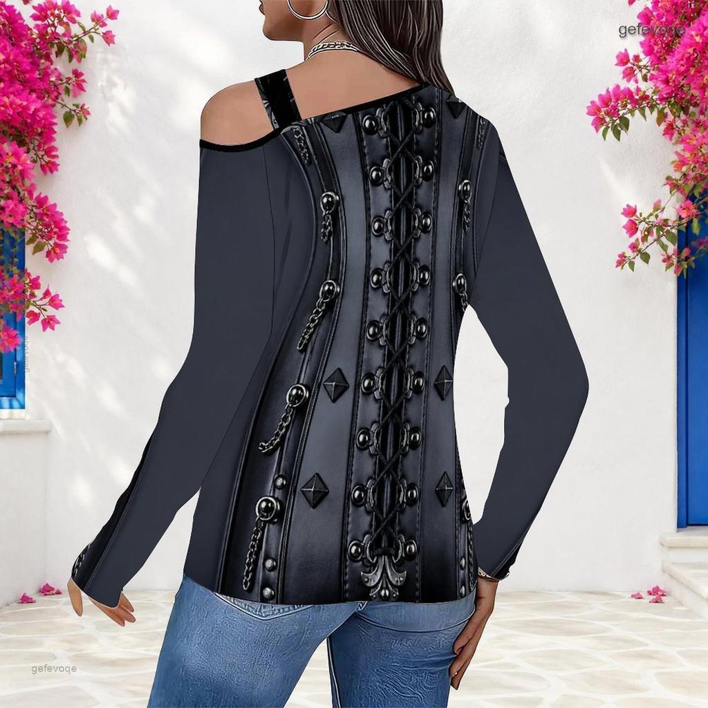 Women Plus Size Asymmetric Cutout Neck Cold Shoulder Long Sleeve Floral Printed Denim Blue Blouse