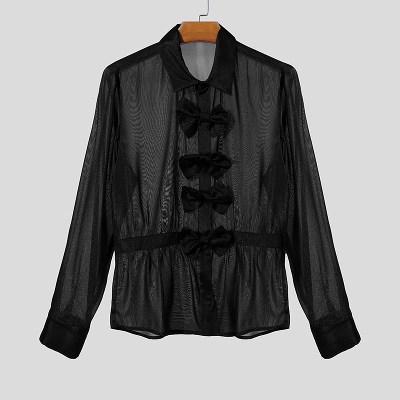 

INCERUN Men Long Sleeve Bow Knot Mesh Sheer Hollow Out Party T-shirts Tops 3XL чорний