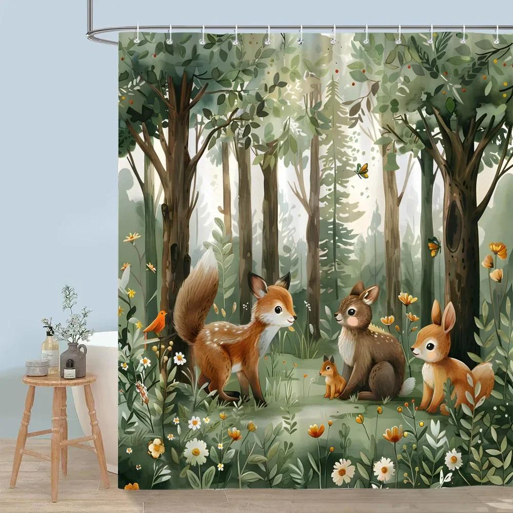 Cute Forest Animals Shower Curtain Winter Snow Fox Red Bird Deer Bear Rabbit Polyester Shower Curtains Bathroom Decor with Hooks