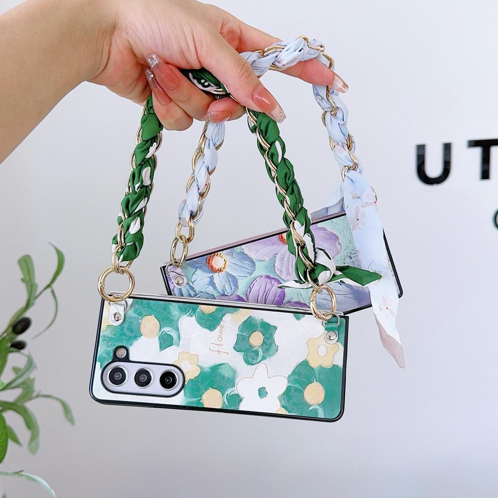 PU Leather Flower Cover with Hinge Protection & Scarf Wrist Chain Strap Bracelet For Samsung Galaxy Z Fold 6 5 4 3 5G Phone Case