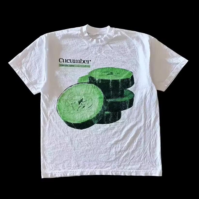 2025 Autumn and Winter Heavy Cotton Trendy Brand Round Neck Hip-hop Fruit Printing T-shirt Men's and Women's Versatile T-shirt