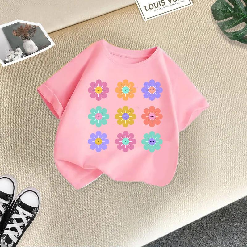 Children T-shirt FlowerPrinted Kids 100% Cotton Clothes Tops 2-13Y O-Neck Short-sleeve T-shirt