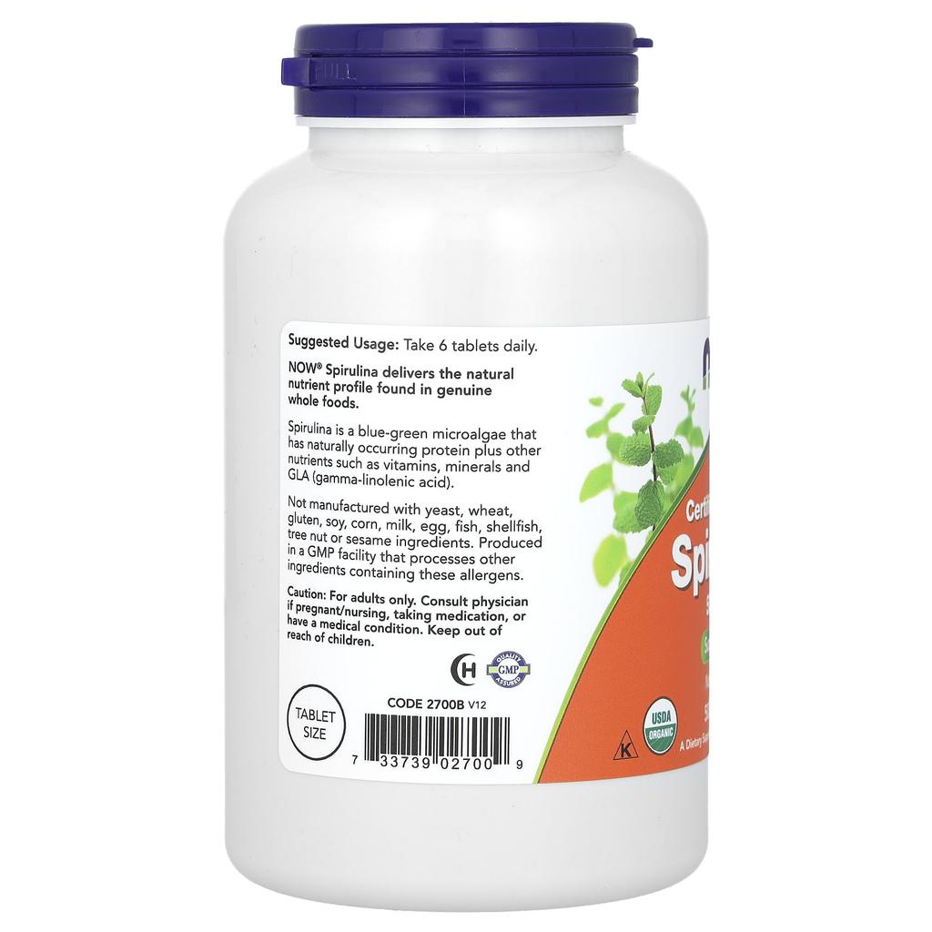 Now Foods Certified Organic Spirulina, 3,000 Mg, 500 Tablets (500 Mg Per Tablet)