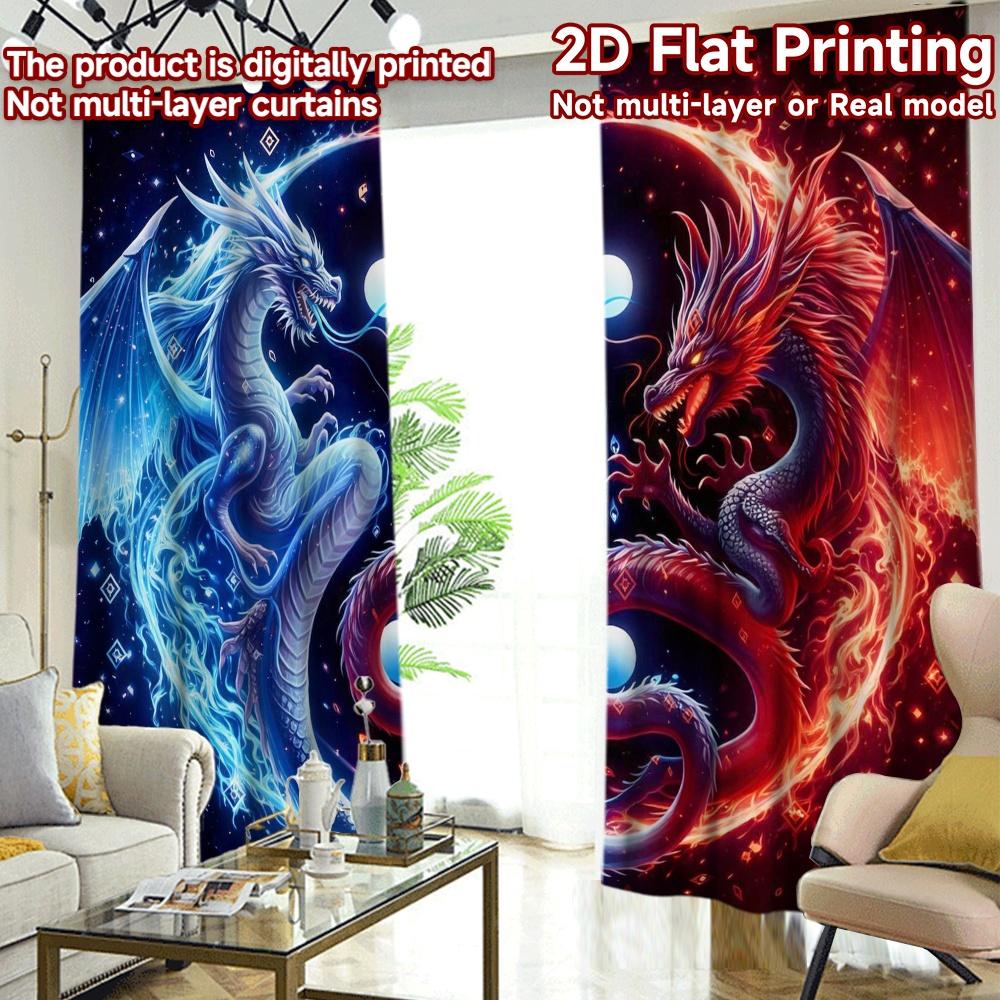2D FLAT PRINTING 2pcs Curtains (Without Rod) Dual Dragon Clash Creative Modern Curtains Machine Washable Fabric Curtains Weet