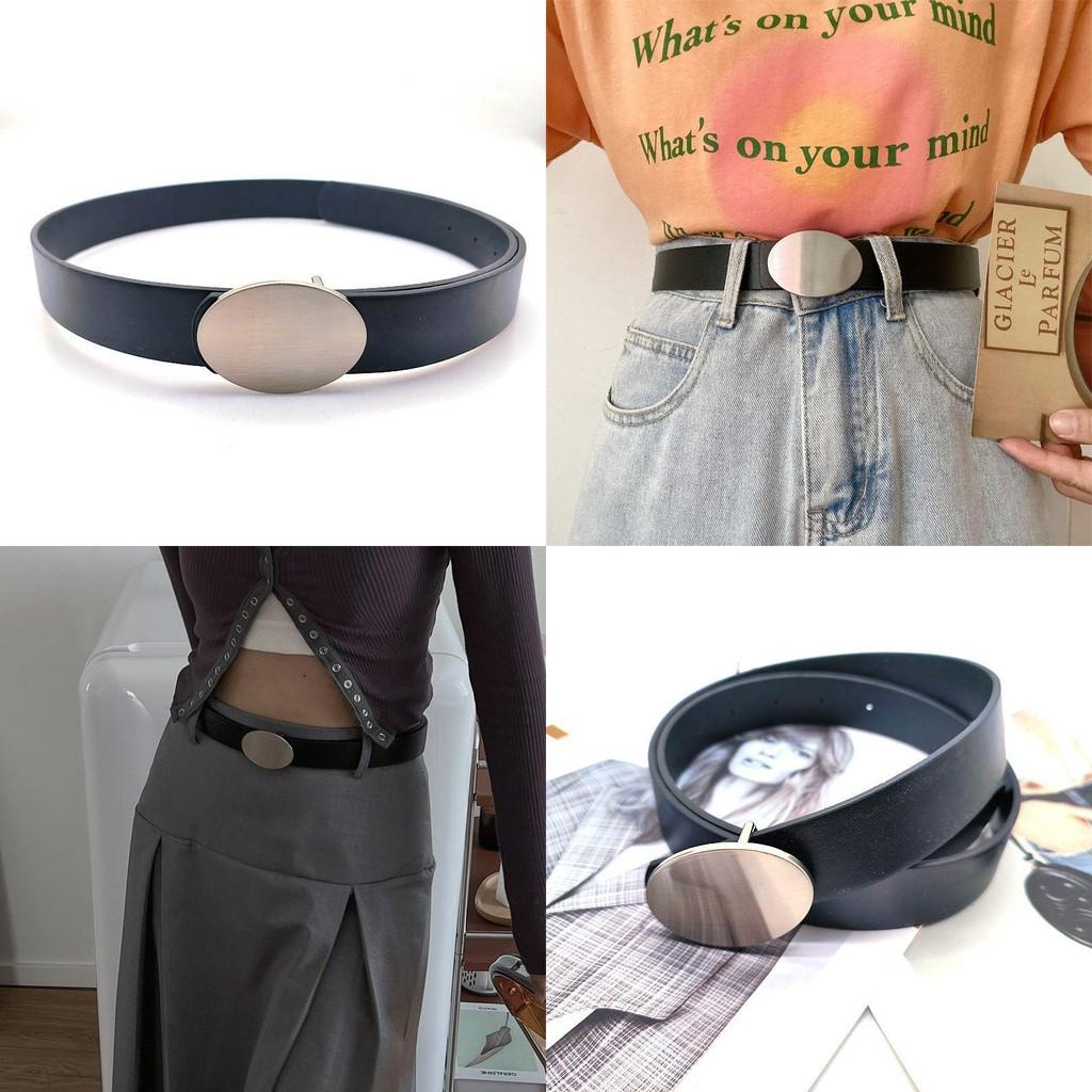 Modern Womens Pu Casual Belt With Decorative Oval Metal Mirror Buckle For Fashion Style Forward