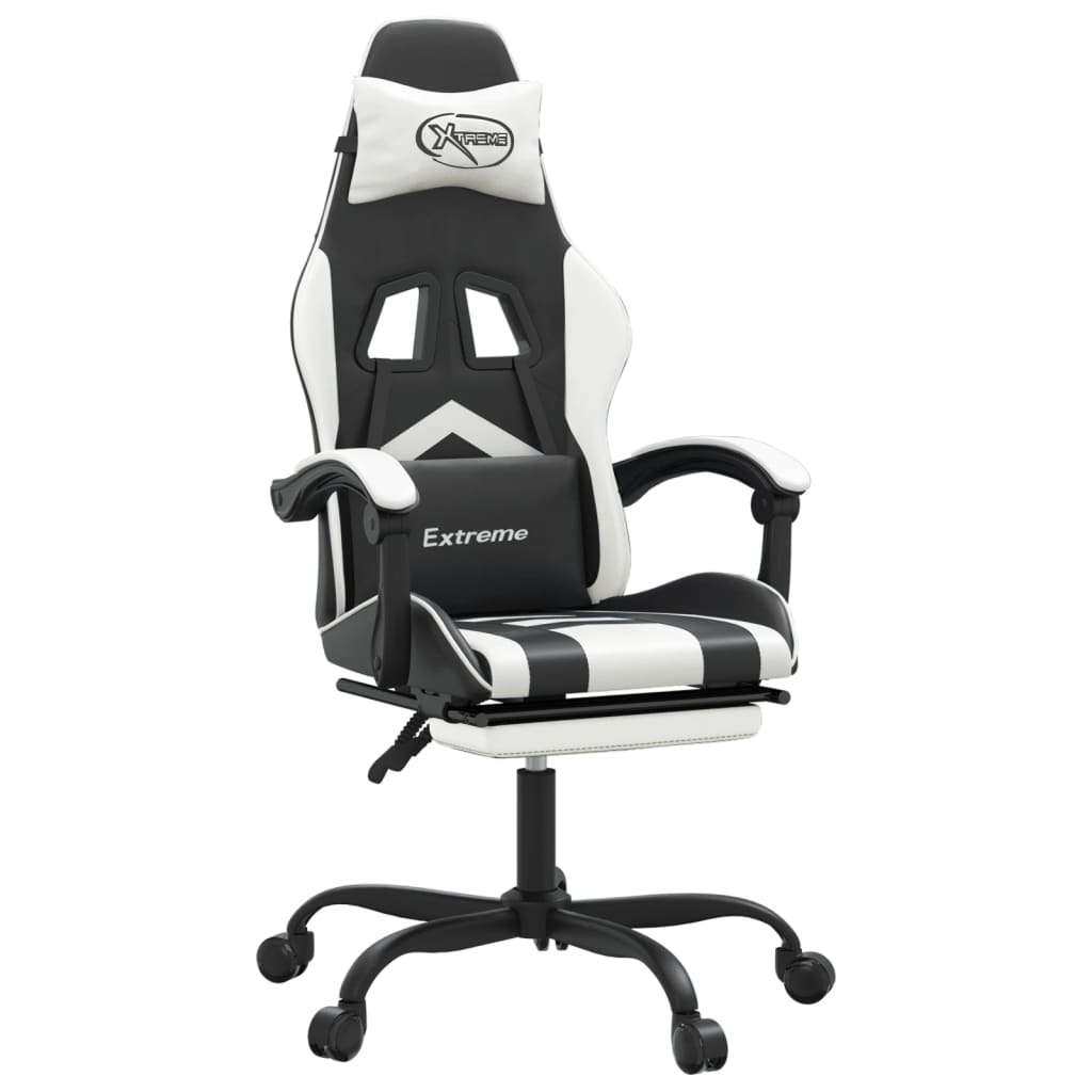 Gaming Chair with Footrest Swivel Black & White Faux Leather