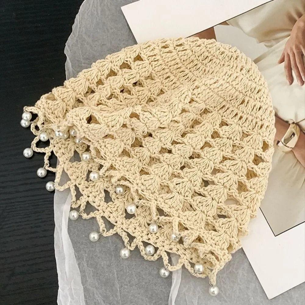 Fashion Hollowed Out Knitted Hat Pearl Fringed Breathable Beret Cap Round Beads Woven Hat For Women