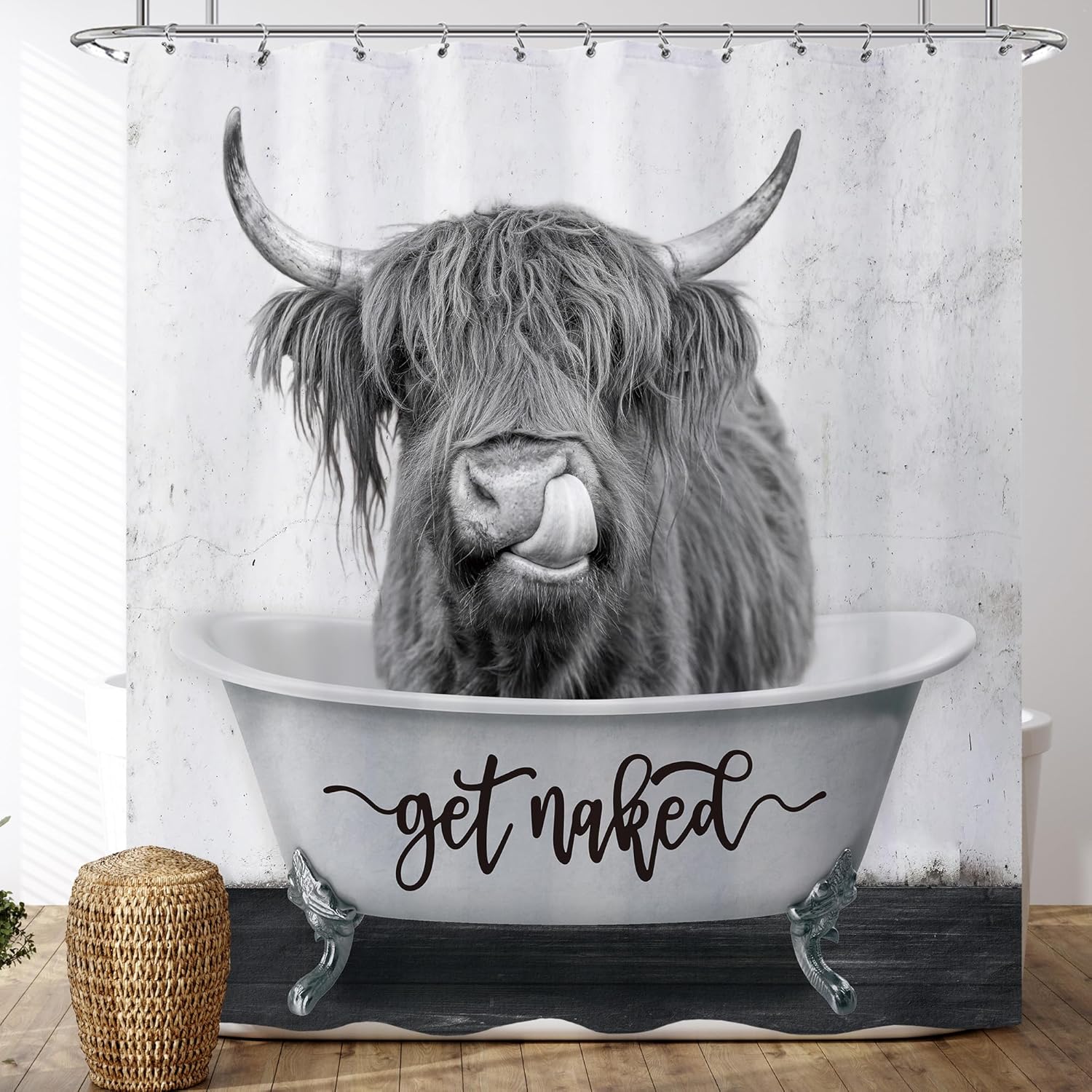 

Get Naked Highland Cow Shower Curtain 72x72 Funny Farmhouse Bathroom Decor Grey Western Bull Shower Curtain Set for Bathroom Far 90x180cm