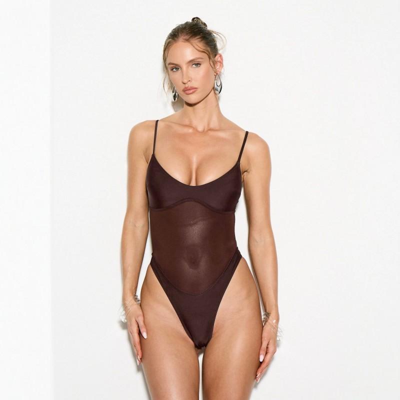 Womens High Cut Mesh Patchwork One Piece Swimsuit Thin Strap Backless Beach Holiday Swimwear