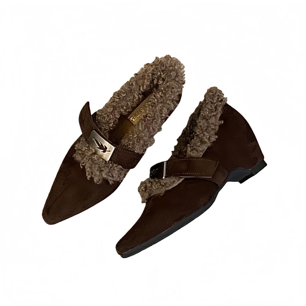 2025 new winter heightening suede pointed head belt buckle slope heel plush shoes women