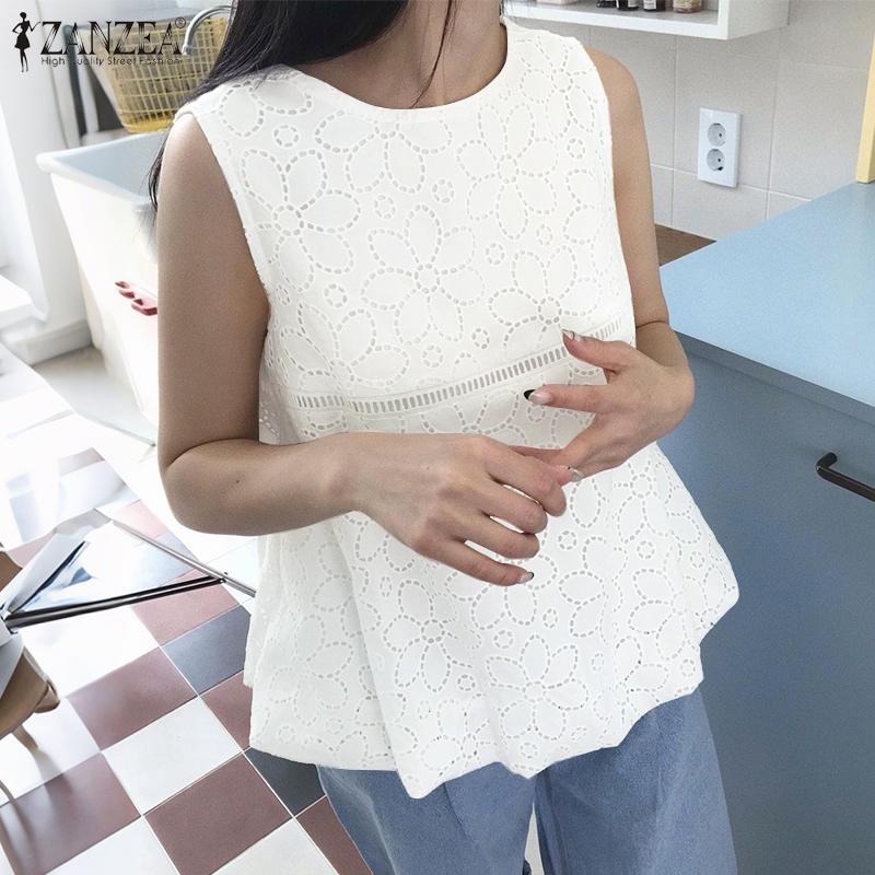ZANZEA Women Casual Embroidery Lace Patchwork Summer Sleeveless Tank Tops