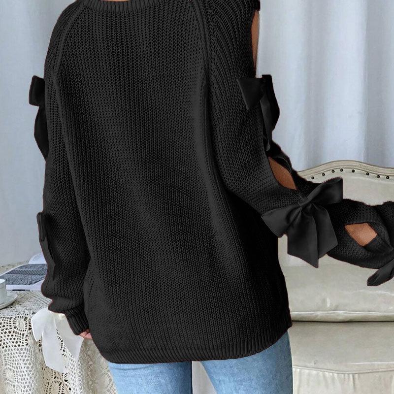Damen Herbst Winter Pullover und Strickwaren Rundhals Schleife Langarm Strickpullover Tops