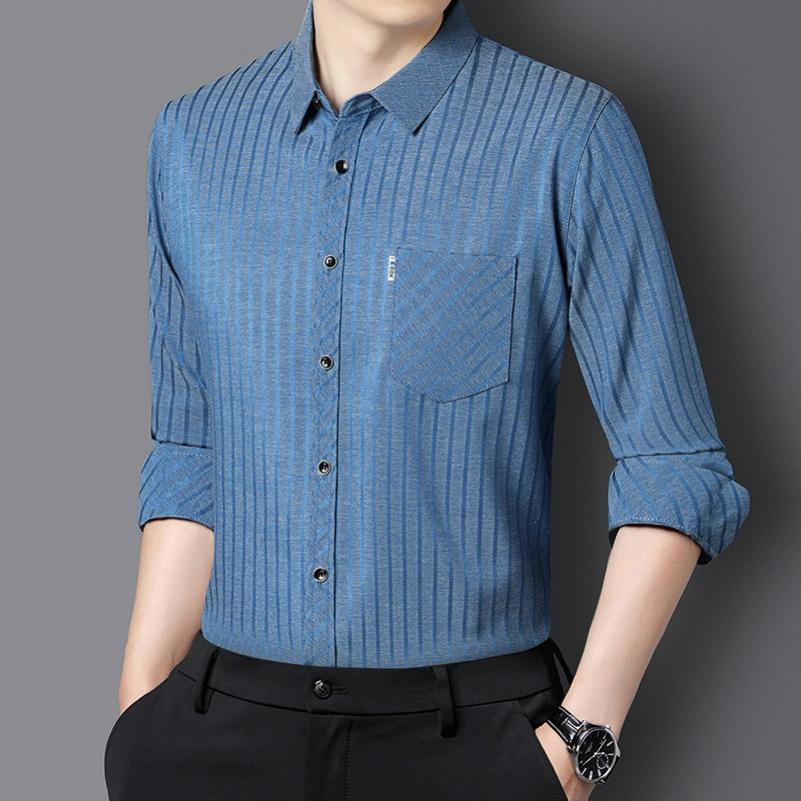 Long-sleeved Shirt Men's Spring and Autumn Dad Wear Striped Non-iron Lapel Real Pocket Men's Shirt