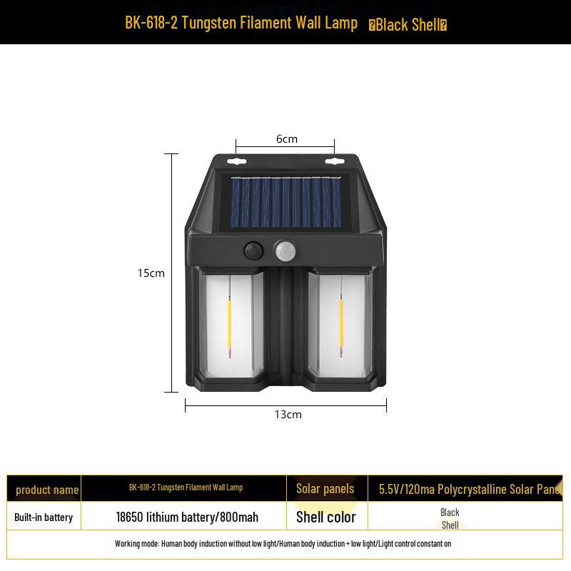 Solar Outdoor Wall Light with Human Body Sensor, Three Modes, Tungsten Filament, Waterproof for Garden or Villa Night Lighting.