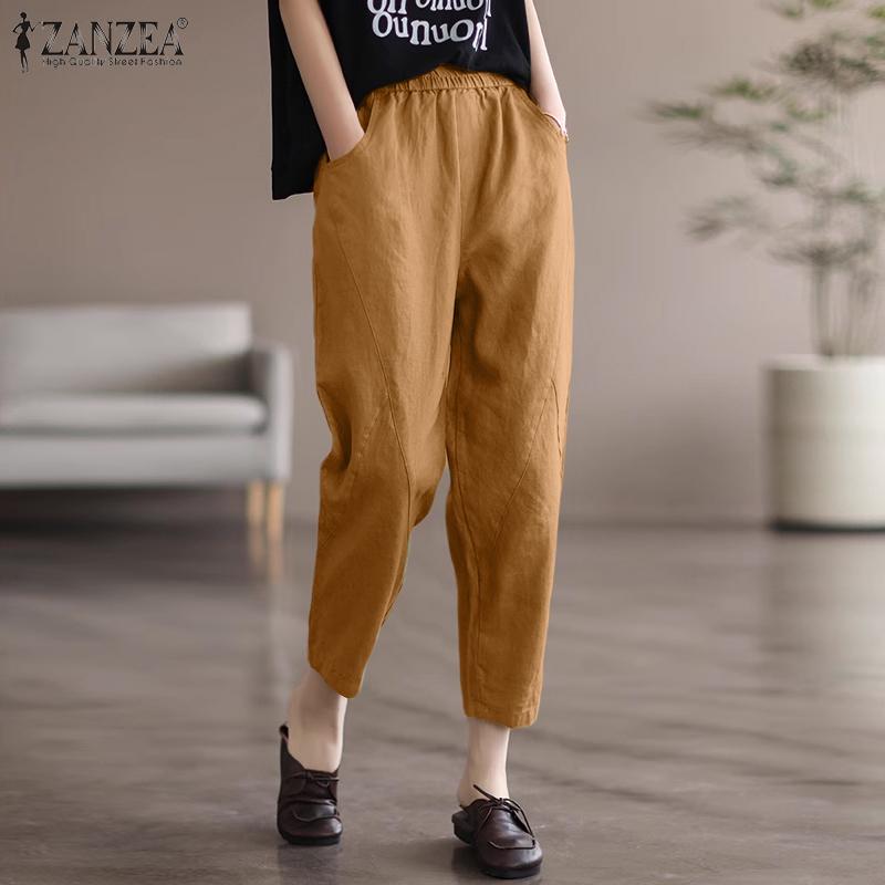 

ZANZEA женские летние повседневные укороченные брюки-карандаш с эластичной резинкой на талии и карманами