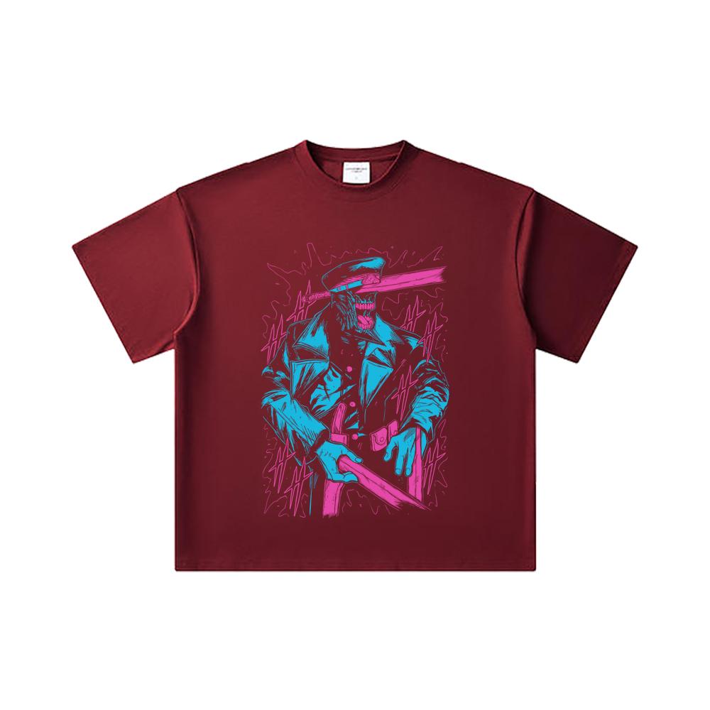 

260 GSM Double Yarn 32 Count 100% Cotton Chainsaw Man V11 Katana Man Print Unisex Heavy Cotton T Shirt 2XL вина червоного кольору