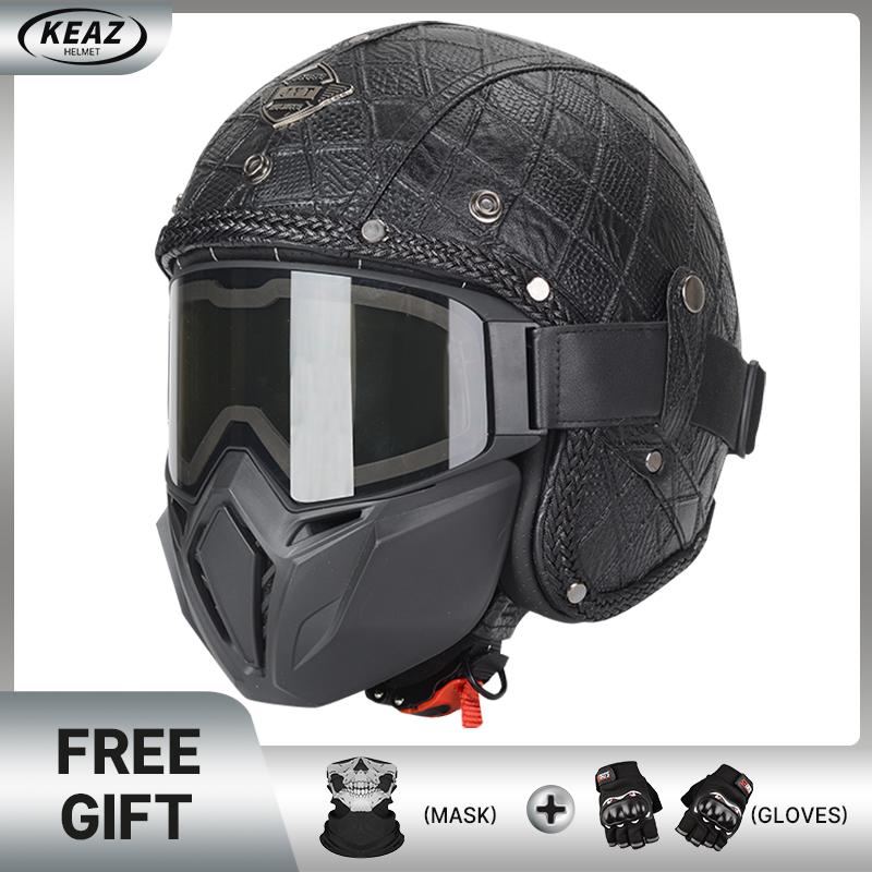 Brown Vintage Open Face Helmet Keaz Comfort Fit Liner Classic Look with Great Ventilation Sun Protection No Fogging