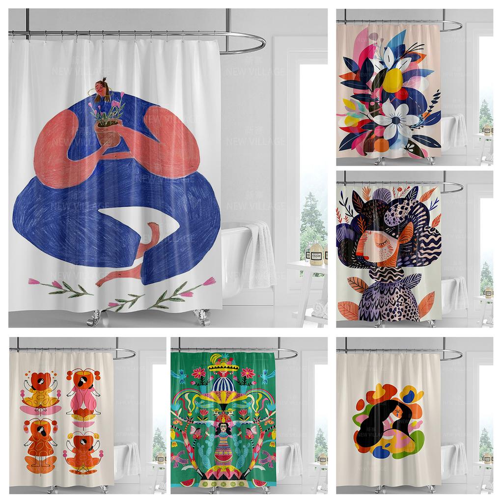Mexican-Style Colorful Female Shower Curtain-Lady In Bright Attire, Cacti, Watermelons,Birds & Flowers, High-Quality, Waterproof