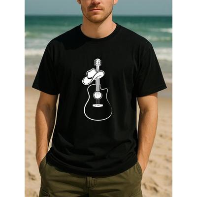 Men'S Casual Round-Neck T-Shirt with Cowboy Hat And Guitar Print, Country Music Style, Short-Sleeved And Fashionable