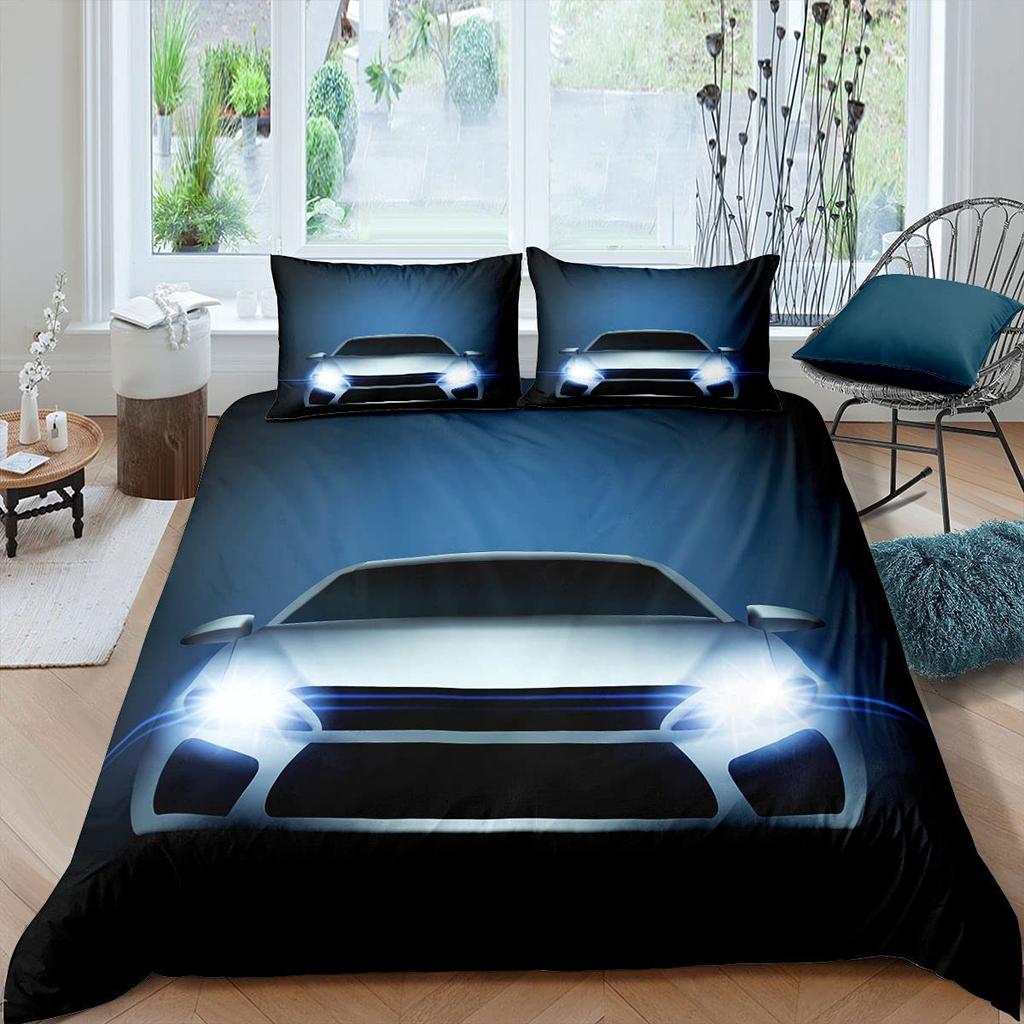Race Car King Queen Duvet Cover Cool Speed Racing Bedding Set Teens Men Black Sport Car Quilt Cover Polyester Comforter Cover