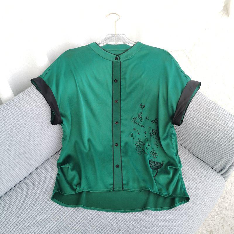 

High-End Mulberry Silk Short Sleeve Women s Embroidered Stand Collar Stone Washed Silk Shirt Women s Easiest for Match Top Shirt Stand Collar Green L