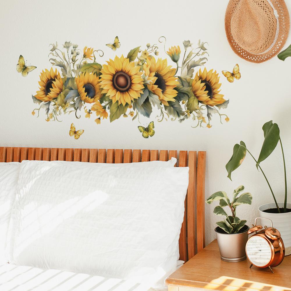 Sunflower Wall Decal Self-adhesive Sunflower Wall Sticker Removable Flower Mural DIY Wall Art Decor for Nursery Bedroom Kitchen