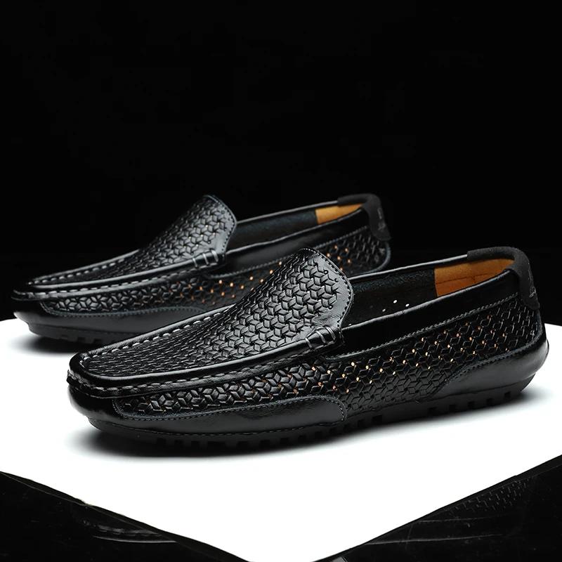 2026 Black Men Shoes Casual Genuine Leather Mens Loafers Moccasins Luxury Brand Italian Breathable Slip On Boat Shoes Zapatos