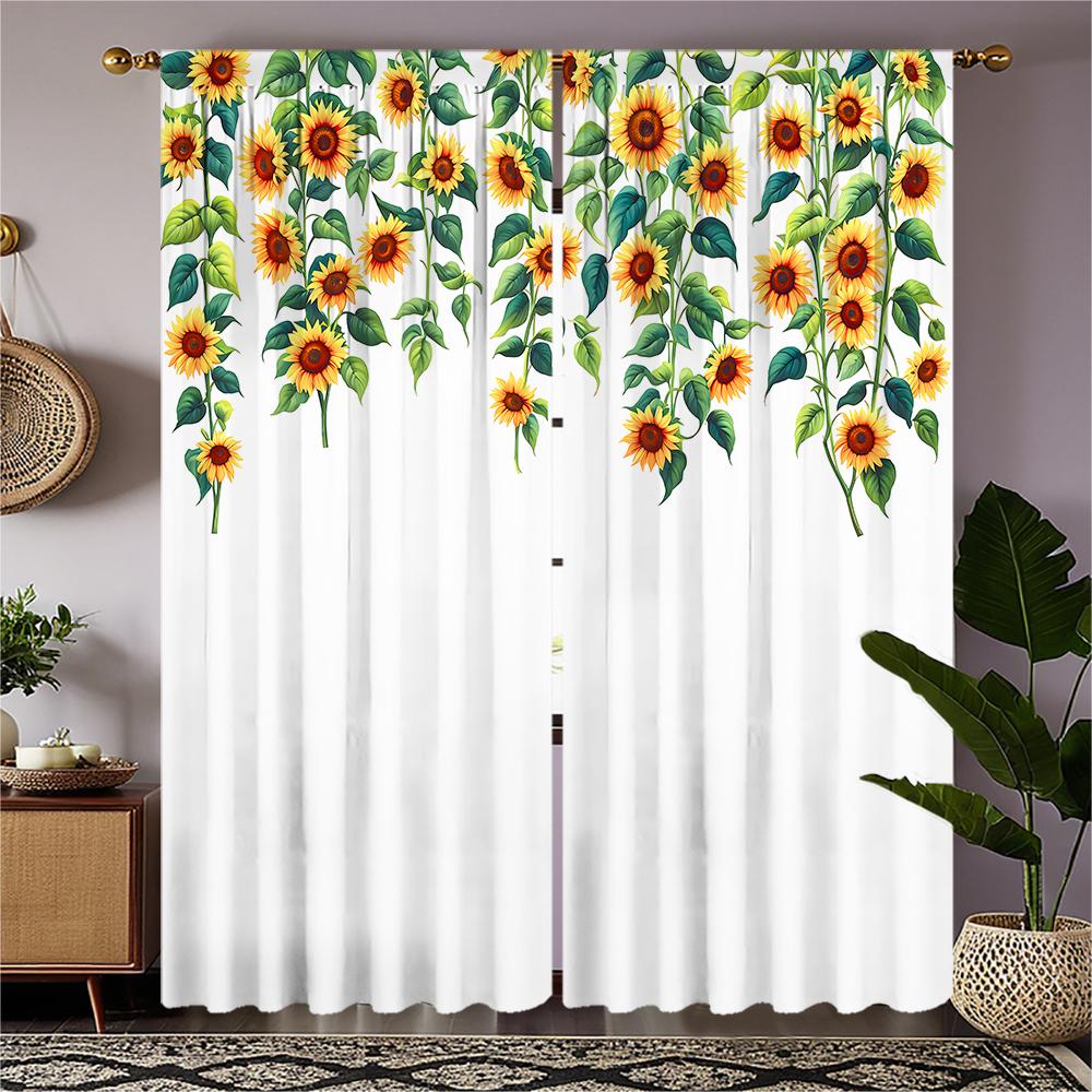 

Piece Set High Definition Digital Printed Curtainwatercolor Sunflower Vine Pattern Curtain Designhome Decoration Style Polyester W100*H70(CM)-Hooks&2PCS