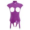 Womens Glossy Patent Leather Bodysuit Mock Neck Sleeveless Hollow Cup Open Crotch Leotard Garter Clips