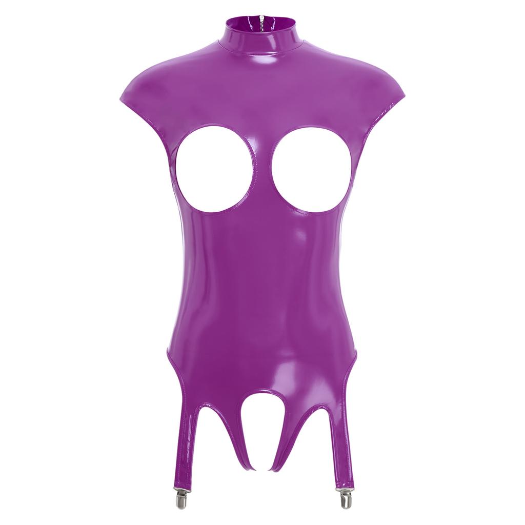 Womens Glossy Patent Leather Bodysuit Mock Neck Sleeveless Hollow Cup Open Crotch Leotard Garter Clips