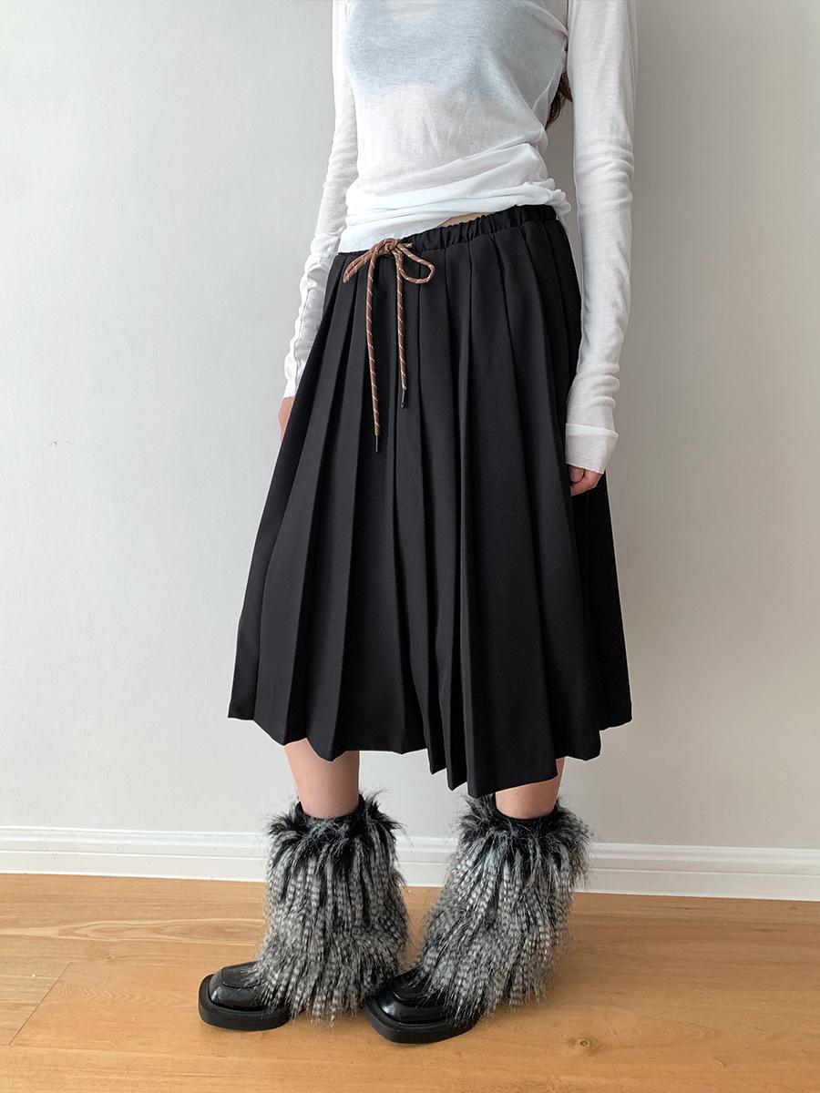 

Dorothy Autumn Korean Pleated Drawstring Color Block Midi Skirt M чёрный