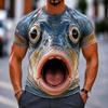 Men 3D Fish Print Crew Neck T-Shirt, Funny Casual Street Short Sleeve Tee