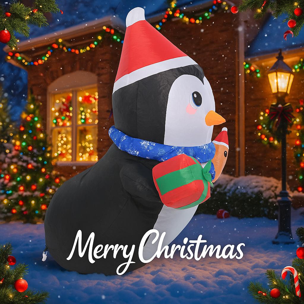 3.45FT Inflatable Toy Penguin Gingerbread Man with LED Lights Yard Lawn Party Decoration Christmas Home Supplies Ornaments Gifts