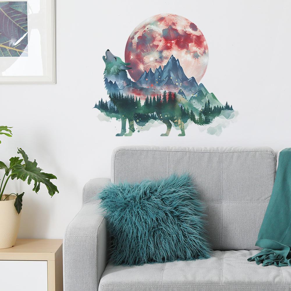 Howling Wolf at Moon Mountain Forest Wall Sticker Self-Adhesive Removable Bedroom Living Room Hallway Dorm Nature Landscape Home Decor Art