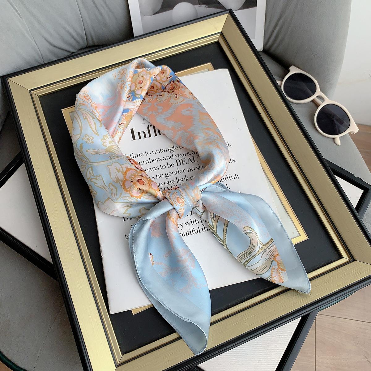 

New temperament flower scarf small fresh and sweet color matching decorative silk scarf summer thin imitation silk women s square scarf 70*70cm