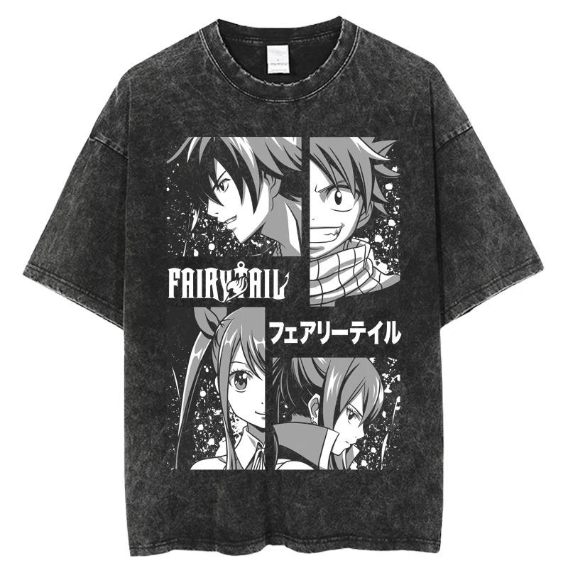 FAIRY TAIL Anime Manga Peripherals T-shirt Natsu Lucy Happy Gray Graphic Print Washed Vintage Short Sleeve Men Women Cotton Tee S разноцветный