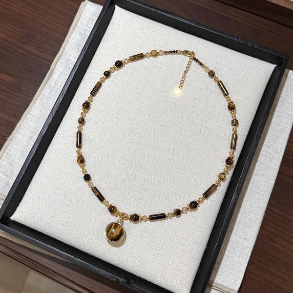 Maillard Retro White Tiger'S Eye Stone Beaded Necklace Niche Design Autumn And Winter Double-Sided Tiger'S Eye Stone Pendant Sweater Chain