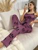 Crown Print Pajama Set - Sexy Style, Sleeveless Spaghetti Strap Top & Long Pants with Bow Detail,Sexy Pajama Set