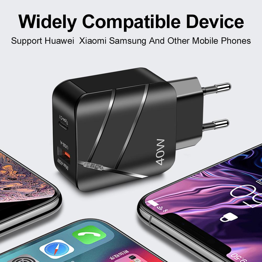 USB 40W Wall Charger Quick Charge QC 3.0 Type C Fast Charging Mobile Phone For iPhone 14 13 Samsung Xiaomi EU/US Plug Charger
