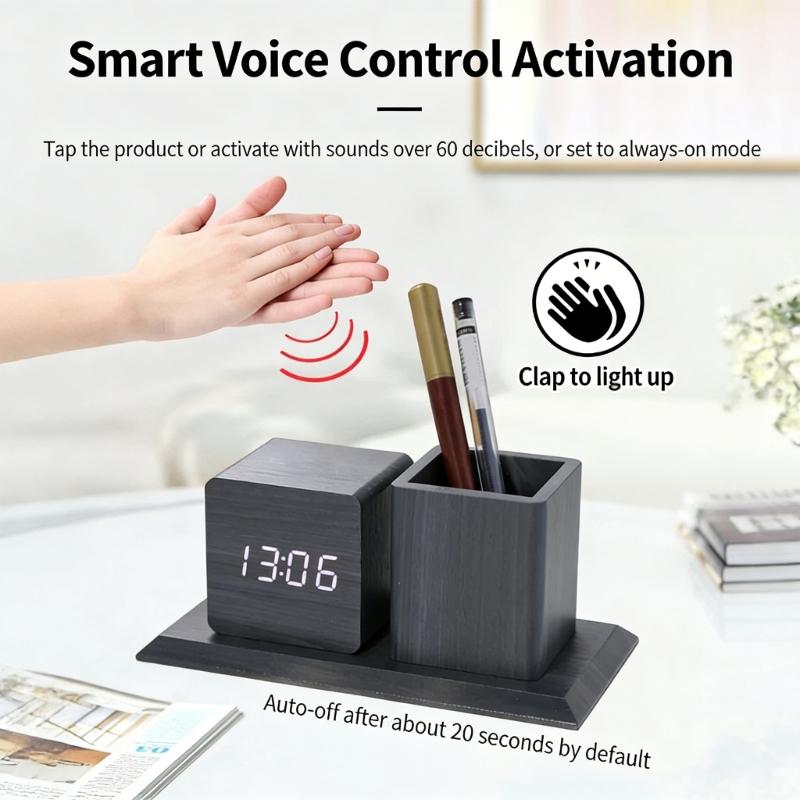 Creative Wooden Desk Item Combines Digital Alarm Clock With Pen Storage Section faint Setting And Three Alarm picks