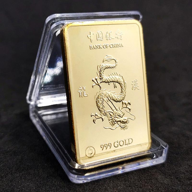 Čínský vítr Země Dragon Gold Bar Pamětní mince Yin Yang Dragon Tiger Square Mince pozlacený zlatý pruh